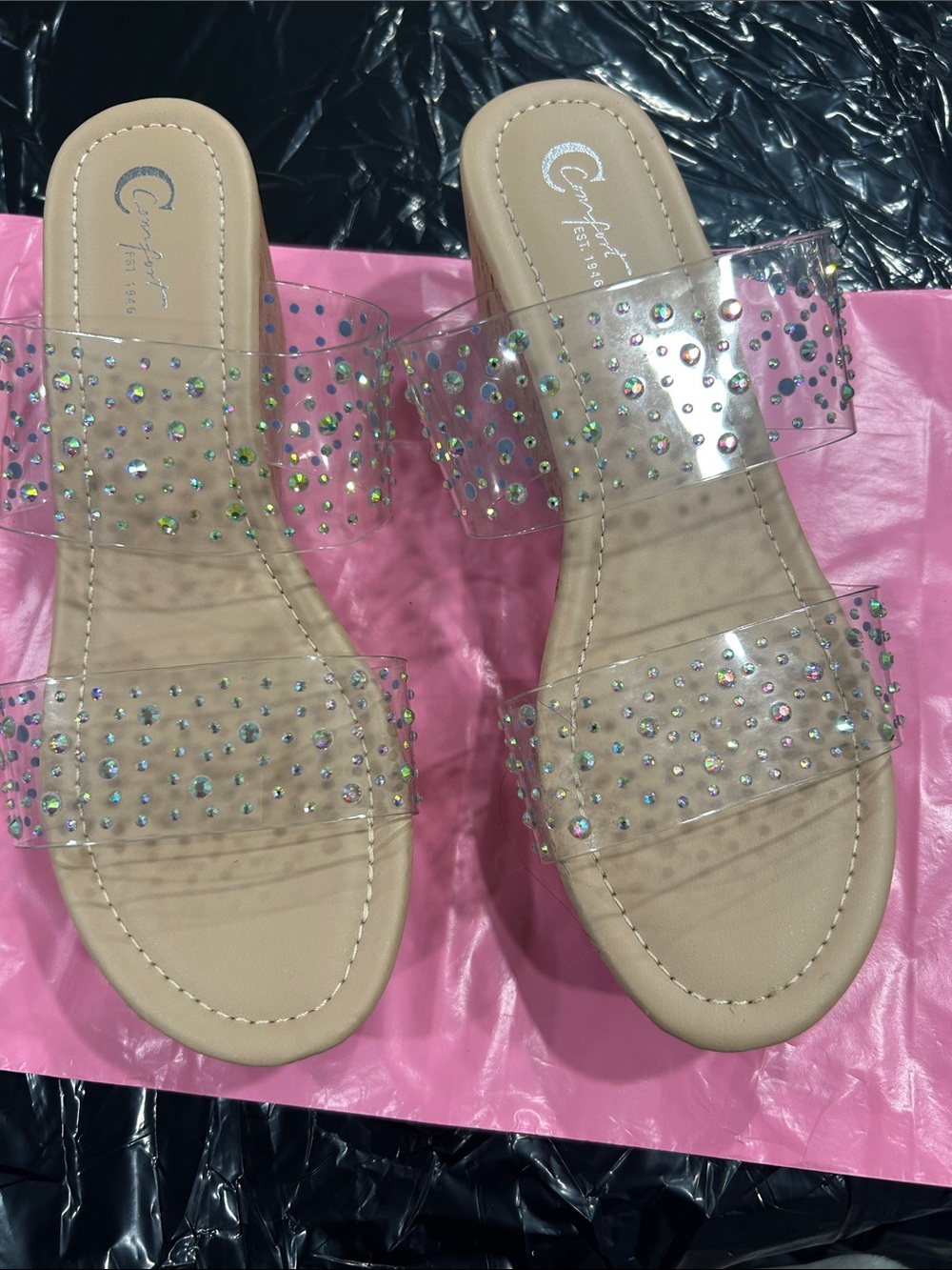 Crystal-Embellished Nude Platform Slide Sandals